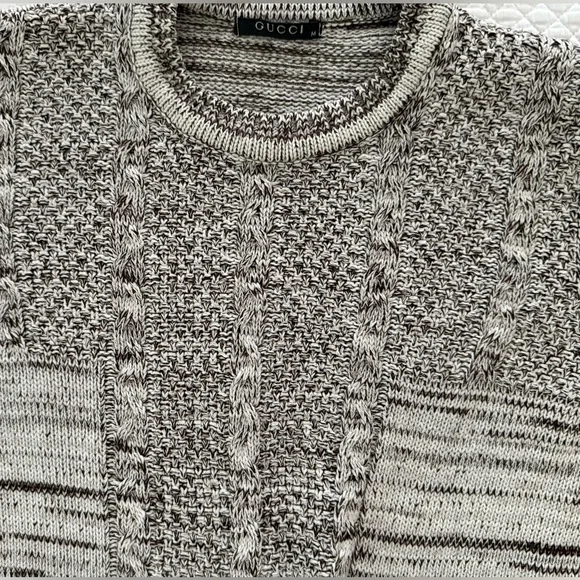 Vintage Gucci Women's Cable Knit Sweater in Chocolate and White Size M
